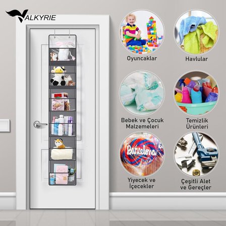 Valkyrie Kapı Arkası Organizer 6 Gözlü Askılı Dolap Düzenleyici Çok Amaçlı Kapı Arkası Raf Gri