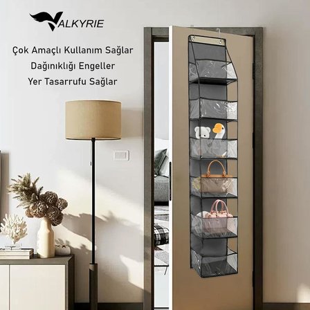 Valkyrie Kapı Arkası Organizer 6 Gözlü Askılı Dolap Düzenleyici Çok Amaçlı Kapı Arkası Raf Gri
