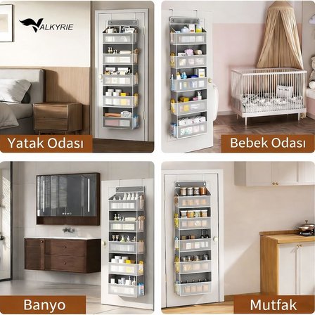 Valkyrie Kapı Arkası Organizer 5 Cepli Askılı Dolap Düzenleyici Çok Amaçlı Kapı Arkası Raf 20kg Taşıma Gri