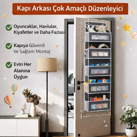 Valkyrie Kapı Arkası Organizer 5 Cepli Askılı Dolap Düzenleyici Çok Amaçlı Kapı Arkası Raf 20kg Taşıma Gri