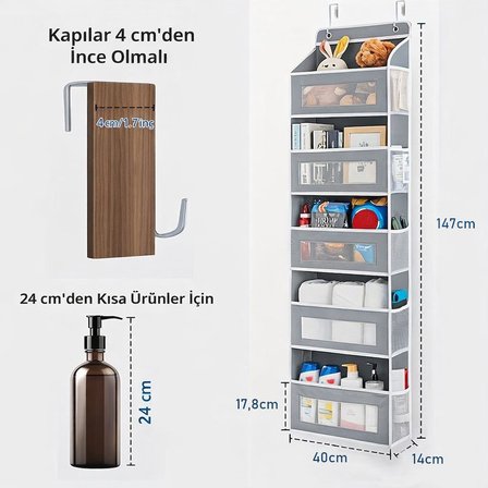 Valkyrie Kapı Arkası Organizer 5 Cepli Askılı Dolap Düzenleyici Çok Amaçlı Kapı Arkası Raf 20kg Taşıma Gri