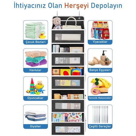 Valkyrie Kapı Arkası Organizer 5 Cepli Askılı Dolap Düzenleyici Çok Amaçlı Kapı Arkası Raf 20kg Taşıma Siyah