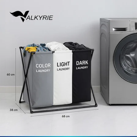 Valkyrie 3 Bölmeli Katlanabilir Çamaşır Sepeti Siyah Beyaz Renk Ayırmalı Çamaşır Organizer