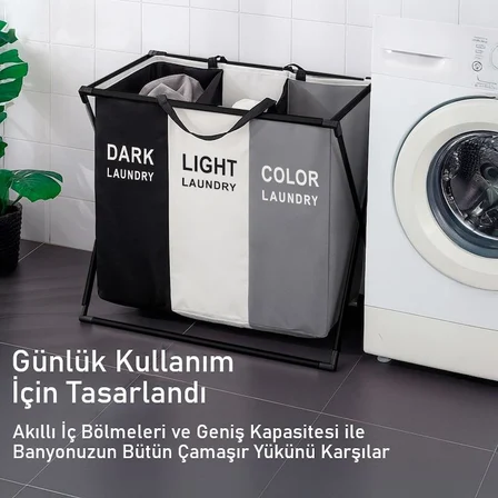 Valkyrie 3 Bölmeli Katlanabilir Çamaşır Sepeti Siyah Beyaz Renk Ayırmalı Çamaşır Organizer