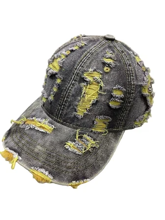 Valkyrie Eskitme Jean Şapka Sarı Detaylı Yırtık Tasarım Unisex Ayarlanabilir Spor Günlük Şapka