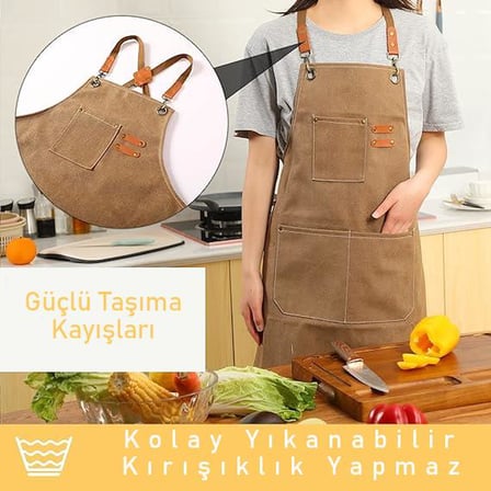 Valkyrie Unisex Kanvas Mutfak Önlüğü Ayarlanabilir Askılı Cepli Barista Garson Servis Önlüğü Kahve