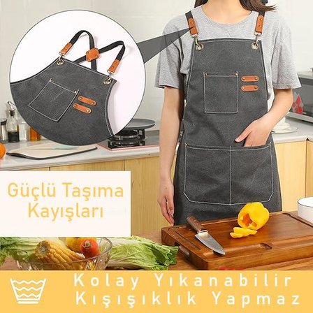Valkyrie Unisex Kanvas Mutfak Önlüğü Ayarlanabilir Askılı Cepli Barista Garson Servis Önlüğü Gri