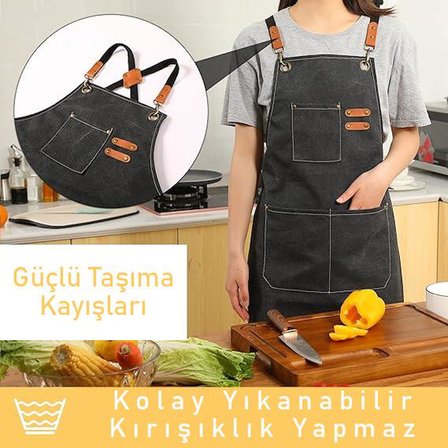 Valkyrie Unisex Kanvas Mutfak Önlüğü Ayarlanabilir Askılı Cepli Barista Garson Servis Önlüğü Siyah