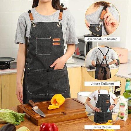 Valkyrie Unisex Kanvas Mutfak Önlüğü Ayarlanabilir Askılı Cepli Barista Garson Servis Önlüğü Siyah