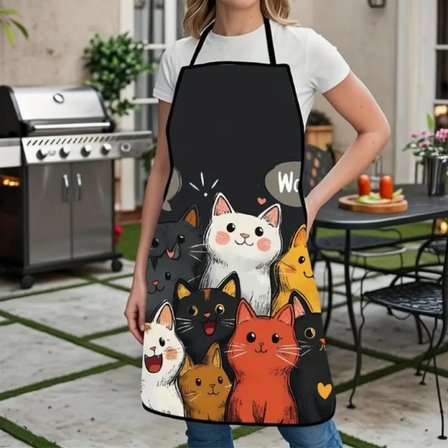 Valkyrie Kedi Desenli Mutfak Önlüğü Cepli Ayarlanabilir Askılı Unisex Mutfak Temizlik Önlüğü Siyah