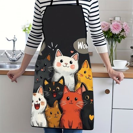 Valkyrie Kedi Desenli Mutfak Önlüğü Cepli Ayarlanabilir Askılı Unisex Mutfak Temizlik Önlüğü Siyah