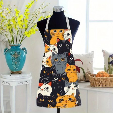 Valkyrie Kedi Desenli Mutfak Önlüğü Cepli Ayarlanabilir Askılı Unisex Mutfak Pişirme Servis Temizlik Önlüğü