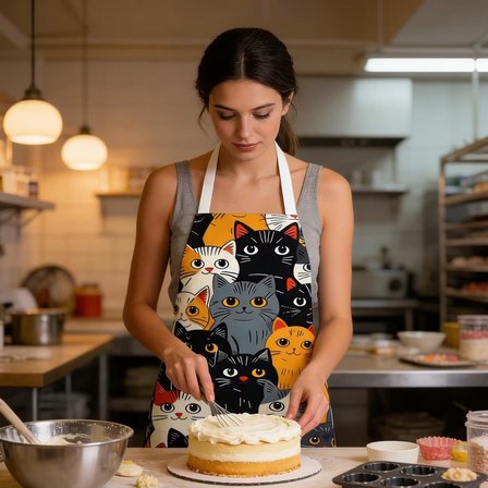 Valkyrie Kedi Desenli Mutfak Önlüğü Cepli Ayarlanabilir Askılı Unisex Mutfak Pişirme Servis Temizlik Önlüğü