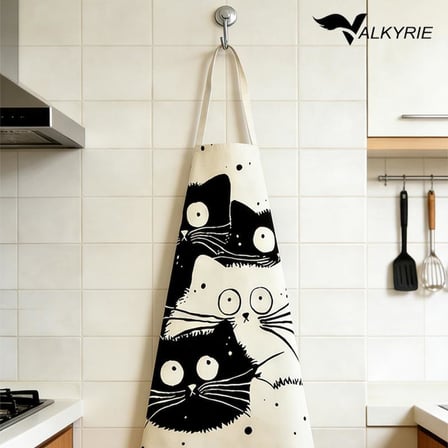 Valkyrie Siyah Beyaz Kedi Desenli Mutfak Önlüğü Cepli Unisex Mutfak Pişirme Temizlik Servis Önlüğü