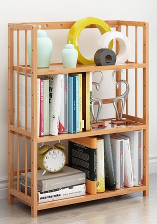 Valkyrie 3 Katlı Bambu Kitaplık 60x23x72 cm Doğal Ahşap Görünümlü Çok Amaçlı Dekoratif Raf
