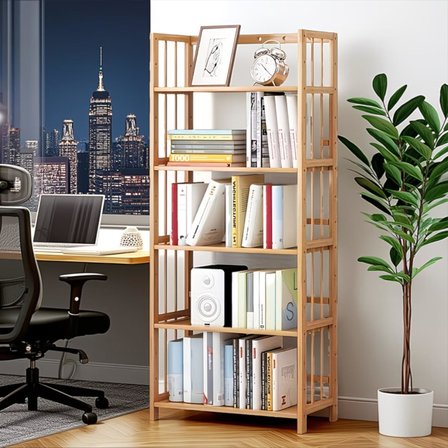 Valkyrie 5 Katlı Bambu Raf Kitaplık 60x23x128 cm Çok Amaçlı Düzenleyici Dekoratif Organizer