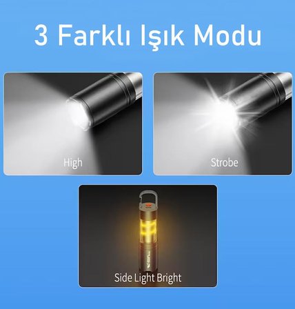 Valkyrie Şarjlı Kamp Feneri El Feneri Type-C Şarjlı COB Yan Işıklı 3 Modlu Zoomlu Karabinalı