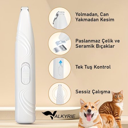 Valkyrie Kedi Köpek Pati Tüy Kesme Makinesi Sessiz Hassas Bölge Traş Cihazı Seramik & Çelik Bıçaklı