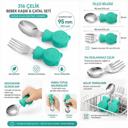 Valkyrie 304 Çelik Panda Bebek Kaşık Çatal SetiSilikon Saplı BPA İçermez Ergonomik Kaymaz Yeşil