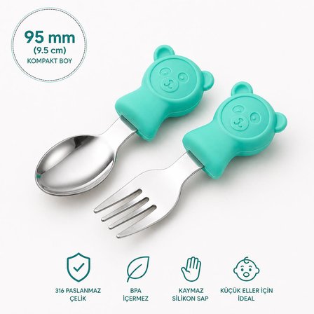 Valkyrie 304 Çelik Panda Bebek Kaşık Çatal SetiSilikon Saplı BPA İçermez Ergonomik Kaymaz Yeşil