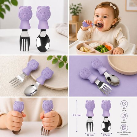 Valkyrie 304 Çelik Panda Bebek Kaşık Çatal SetiSilikon Saplı BPA İçermez Ergonomik Kaymaz Mor
