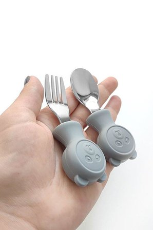 Valkyrie 304 Çelik Panda Bebek Kaşık Çatal SetiSilikon Saplı BPA İçermez Ergonomik Kaymaz Gri