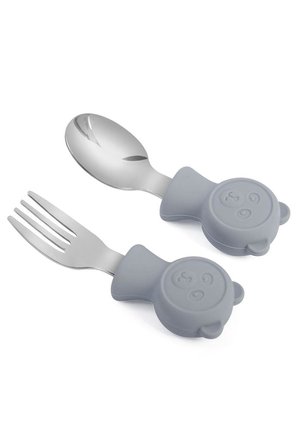 Valkyrie 304 Çelik Panda Bebek Kaşık Çatal SetiSilikon Saplı BPA İçermez Ergonomik Kaymaz Gri