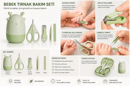 Valkyrie Geyik Figürlü Bebek Tırnak Bakım Seti 5 Parça Güvenli Makas Cımbız Tırnak Makas Törpü Seti Yeşil