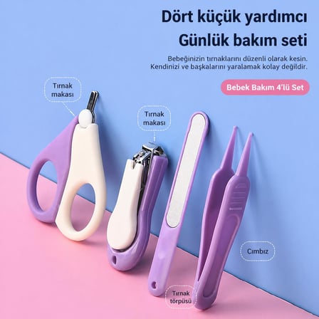 Valkyrie Kutulu 4’lü Bebek Tırnak Bakım Seti Güvenli Bebek Tırnak Makası Törpü Cımbız ve Makas Seti