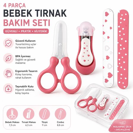 4 Parça Bebek Tırnak Bakım Seti Pembe | Güvenli Makas, Tırnak Makası, Törpü | Yenidoğan Bebek Bakım Seti