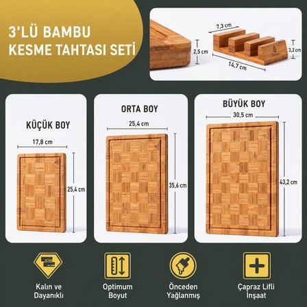 Valkyrie Daisy 3’lü Bambu Kesme Tahtası Seti Büyük Orta Küçük Boy Et Sebze Sunum & Servis Tahtası