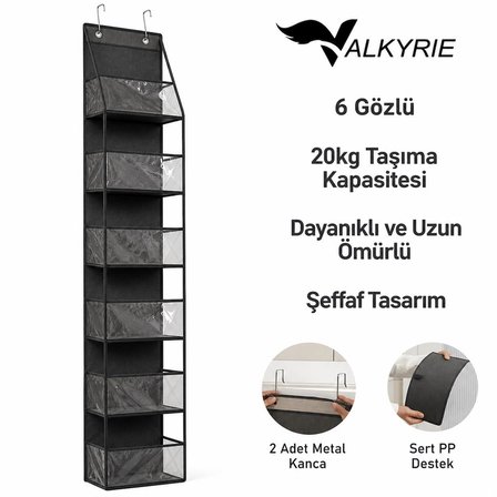 Valkyrie Kapı Arkası Organizer 6 Gözlü Askılı Dolap Düzenleyici Çok Amaçlı Kapı Arkası Raf Siyah