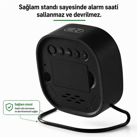 Valkyrie Dijital Yeşil LED Siyah Masa Saati Alarm Beyaz Derece 3 Kademe Işık, USB Destekli Modern Gece Lambalı Saat
