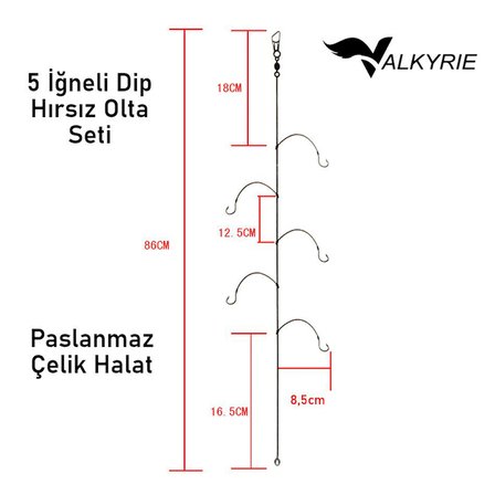 Valkyrie 5 İğneli Paslanmaz Çelik Halatlı Dip Hırsız Olta Takımı 4’lü Set – 6# Karbon Çelik İğne