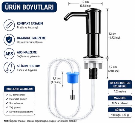 Valkyrie Ankastre Sıvı Sabunluk Mutfak Evyesi İçin Siyah Parlak Sabunluk Pompası Hortumlu Set Siyah