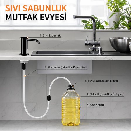 Valkyrie Ankastre Sıvı Sabunluk Mutfak Evyesi İçin Siyah Parlak Sabunluk Pompası Hortumlu Set Siyah