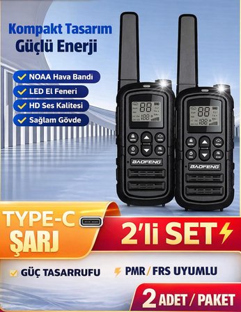 Valkyrie PMR Baofeng 2’li El Telsizi Seti – Lisanssız Kullanım, 22 Kanal, LED Fenerli, USB-C Şarj