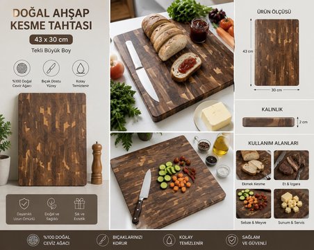 Doğal Ahşap Kesme Tahtası 43x30 cm Kalın Kasap Bloğu Kesim Tahtası Bıçak Dostu Mutfak Doğrama ve Servis Tahtası