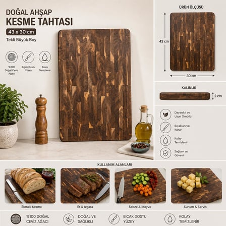 Doğal Ahşap Kesme Tahtası 43x30 cm Kalın Kasap Bloğu Kesim Tahtası Bıçak Dostu Mutfak Doğrama ve Servis Tahtası