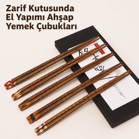 Valkyrie 5 Çift Ahşap Japon Yemek Çubuğu Seti Kutulu 22,4 cm El Yapımı Sushi Chopstick