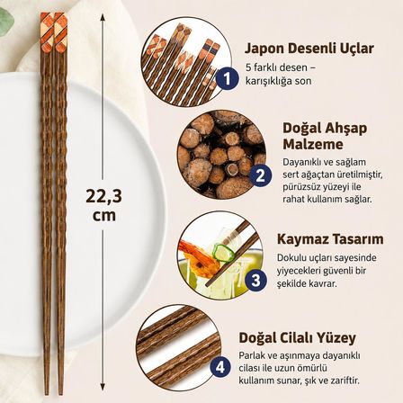 Valkyrie 5 Çift Ahşap Japon Yemek Çubuğu Seti Kutulu 22,4 cm El Yapımı Sushi Chopstick