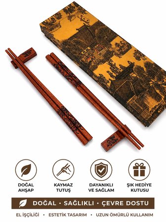 Valkyrie Doğal Ahşap Yemek Çubuğu Seti 2 Çift – Ejderha Desenli Çubuk Tutacaklı Kutulu 22,9 cm Chopstick Seti