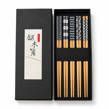 Valkyrie 5 Çift Doğal Ahşap Yemek Çubuğu Seti Japon Desenli Kaymaz Uçlu Kutulu 22,5cm Chopstick Seti