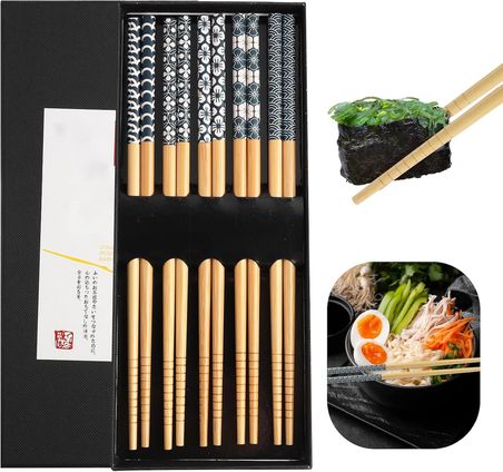 Valkyrie 5 Çift Doğal Ahşap Yemek Çubuğu Seti Japon Desenli Kaymaz Uçlu Kutulu 22,5cm Chopstick Seti