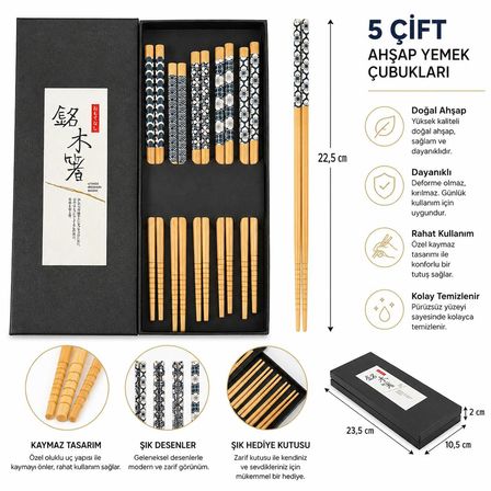 Valkyrie 5 Çift Doğal Ahşap Yemek Çubuğu Seti Japon Desenli Kaymaz Uçlu Kutulu 22,5cm Chopstick Seti
