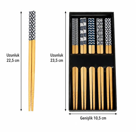Valkyrie 5 Çift Doğal Ahşap Yemek Çubuğu Seti Japon Desenli Kaymaz Uçlu Kutulu 22,5cm Chopstick Seti