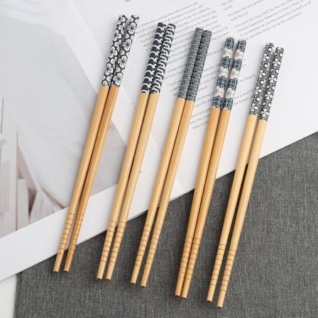 Valkyrie 5 Çift Doğal Ahşap Yemek Çubuğu Seti Japon Desenli Kaymaz Uçlu Kutulu 22,5cm Chopstick Seti
