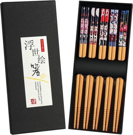 Valkyrie 5 Çift Japon Tarzı Ahşap Yemek Çubuğu Seti Kaymaz Uçlu Kedi Desenli Kutulu Chopstik Seti