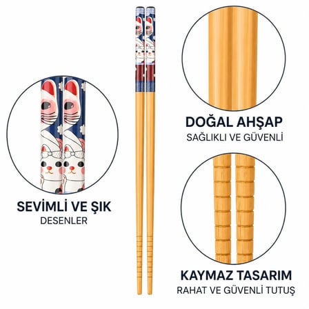 Valkyrie 5 Çift Japon Tarzı Ahşap Yemek Çubuğu Seti Kaymaz Uçlu Kedi Desenli Kutulu Chopstik Seti