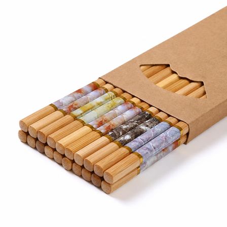 Valkyrie 10 Çift Mermer Desenli Bambu Yemek Çubuğu Seti 20 Adet Kaymaz Uçlu Kutulu Chopstick